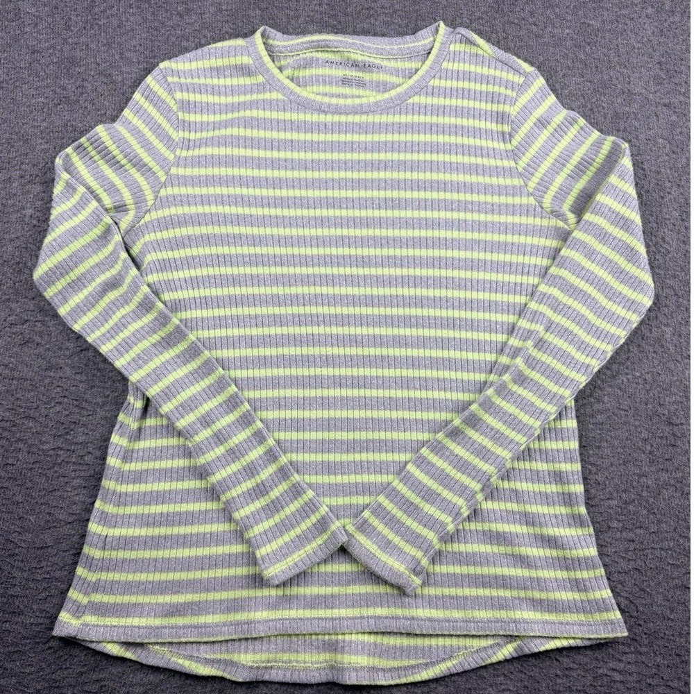 American Eagle Outfitters Women's XS Lime Green Striped Ribbed Long Sleeve Top